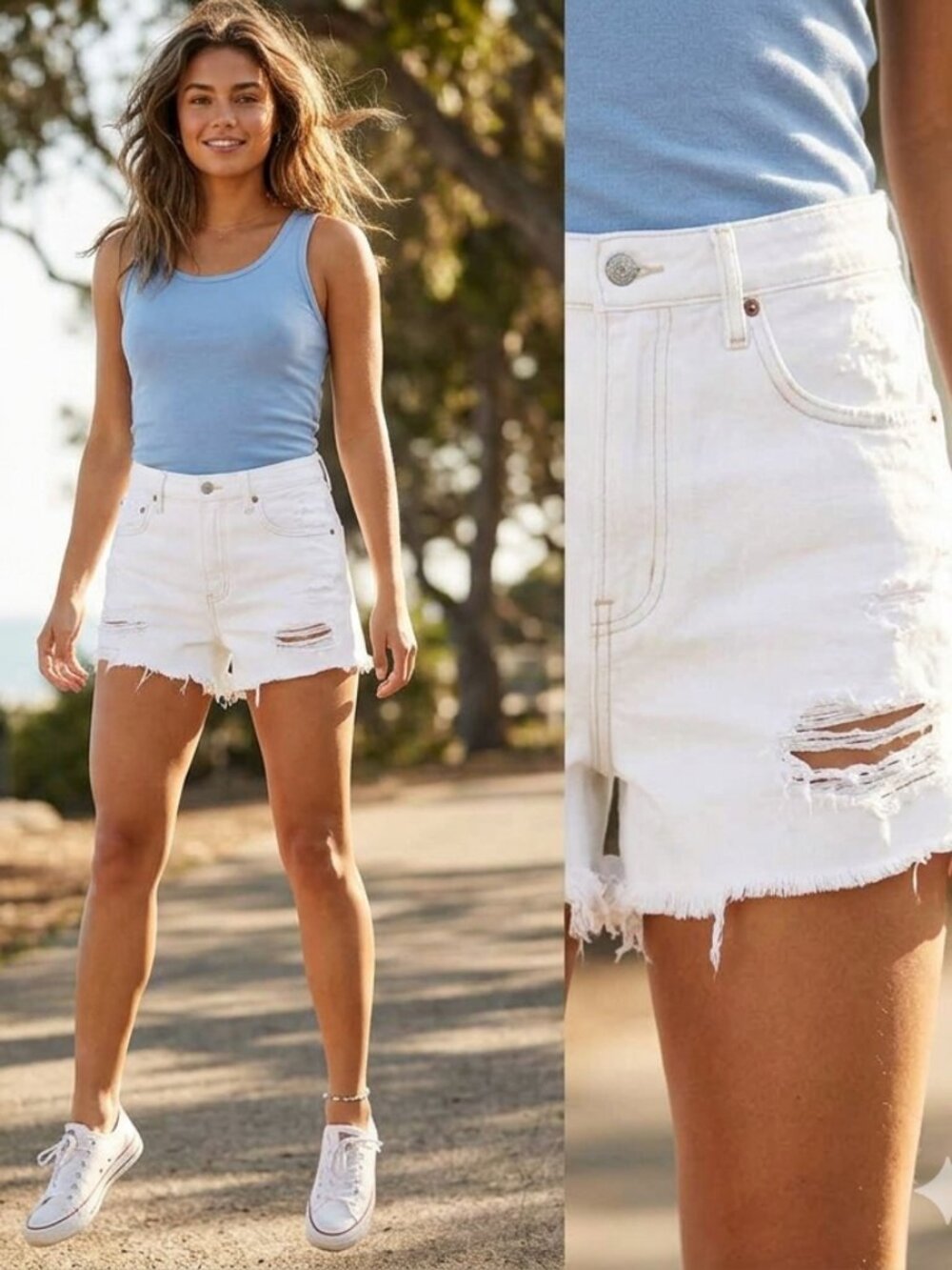 American Eagle Distressed White Denim Cutoff Shorts, Size: US 24
